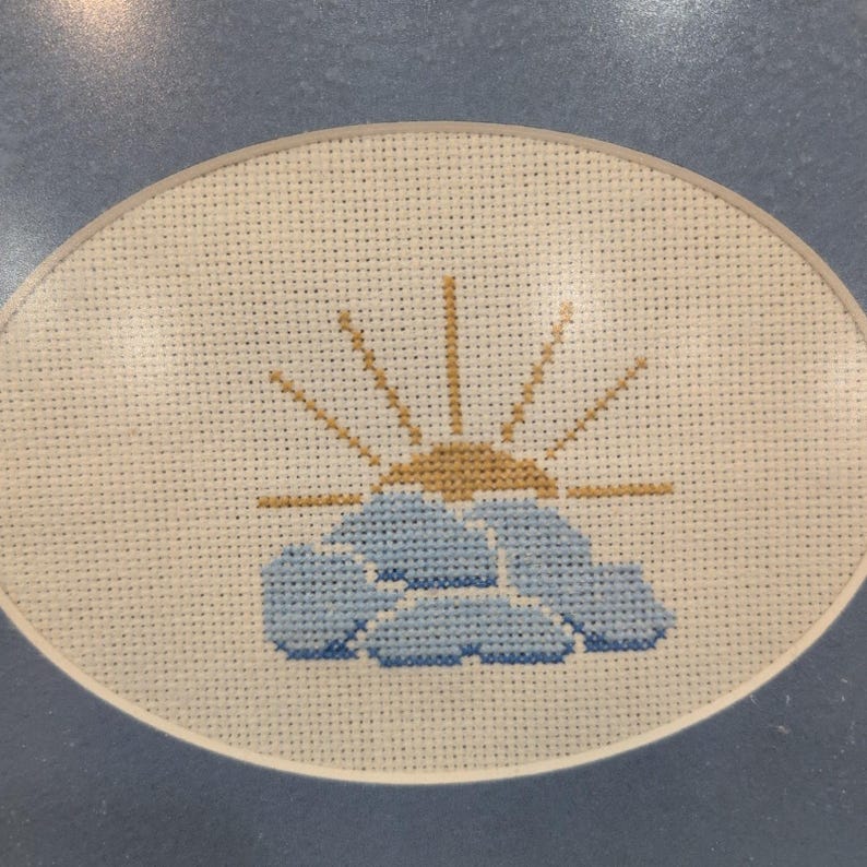 Vintage Cross Stitch Framed Art Sun and Clouds Needlepoint Blue Wood Frame image 2