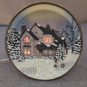 Vintage Lighted 3D Relief Winter Victorian House Collector Plate Holiday Decor image 1