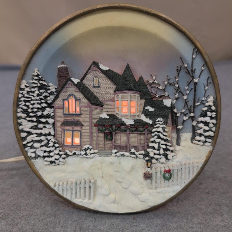 Vintage Lighted 3D Relief Winter Victorian House Collector Plate Holiday Decor image 1