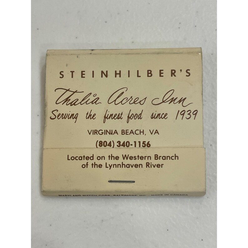 Vintage Thalia Acres Inn Matchbook Steinhilber's Virginia Beach VA afbeelding 2