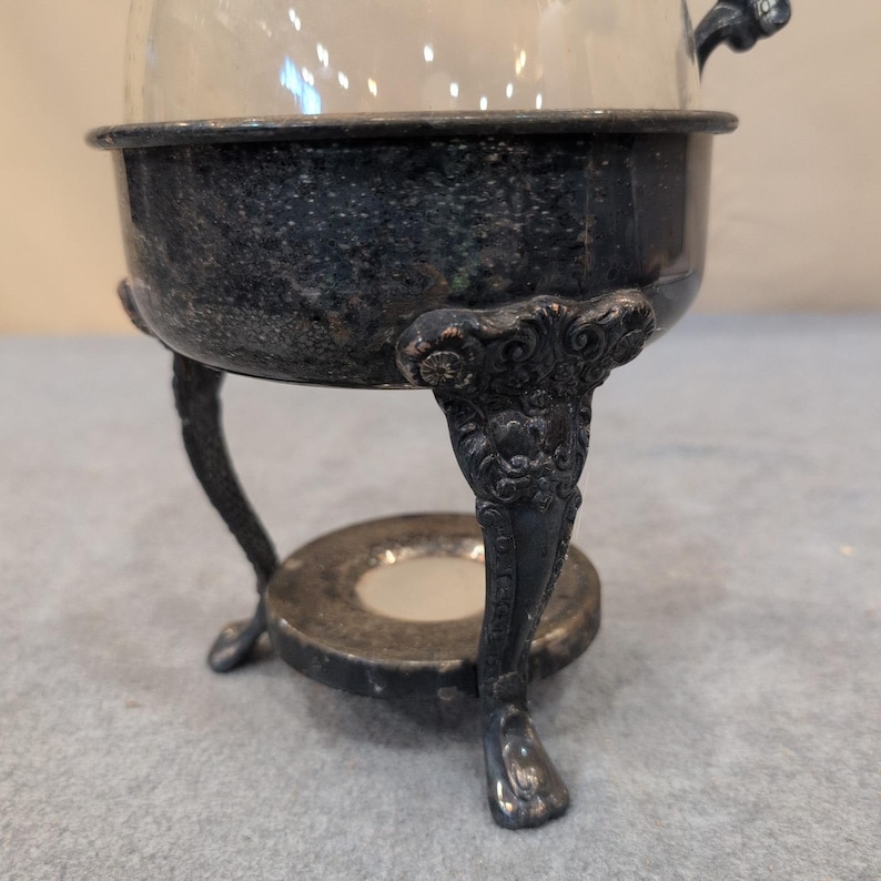 Sheridan Silver Plated Glass Carafe with Ornate Warming Stand Vintage Beverage image 2