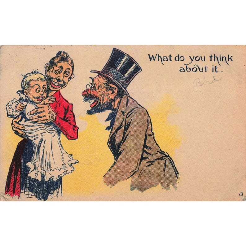 Antike humorvolle Postkarte: Karikatur eines Mannes, einer Frau und eines Babys mit Zylinder, 1-Cent-Franklin-Briefmarke, sehr guter Zustand Bild 1