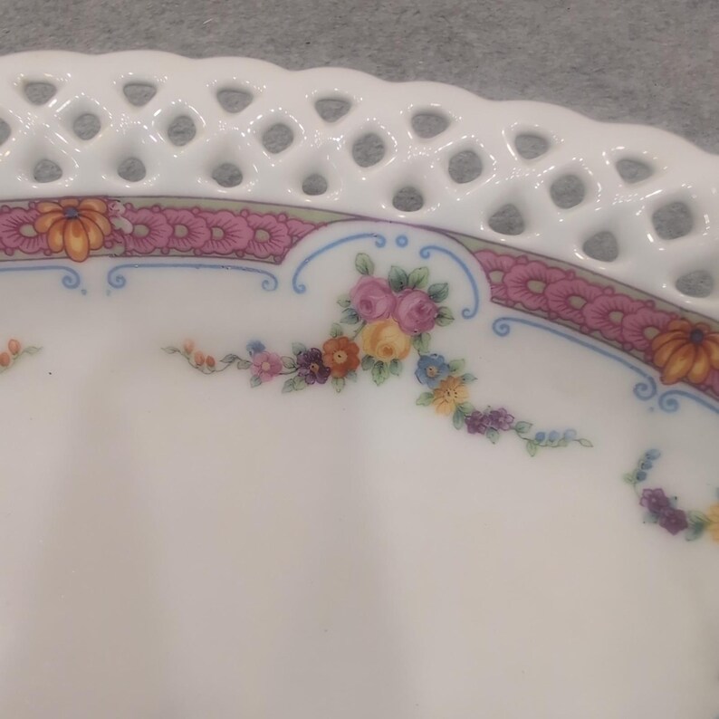 Schumann Arzberg Bavaria Reticulated Floral Porcelain Oval Bowl Pink Lattice Rim image 2