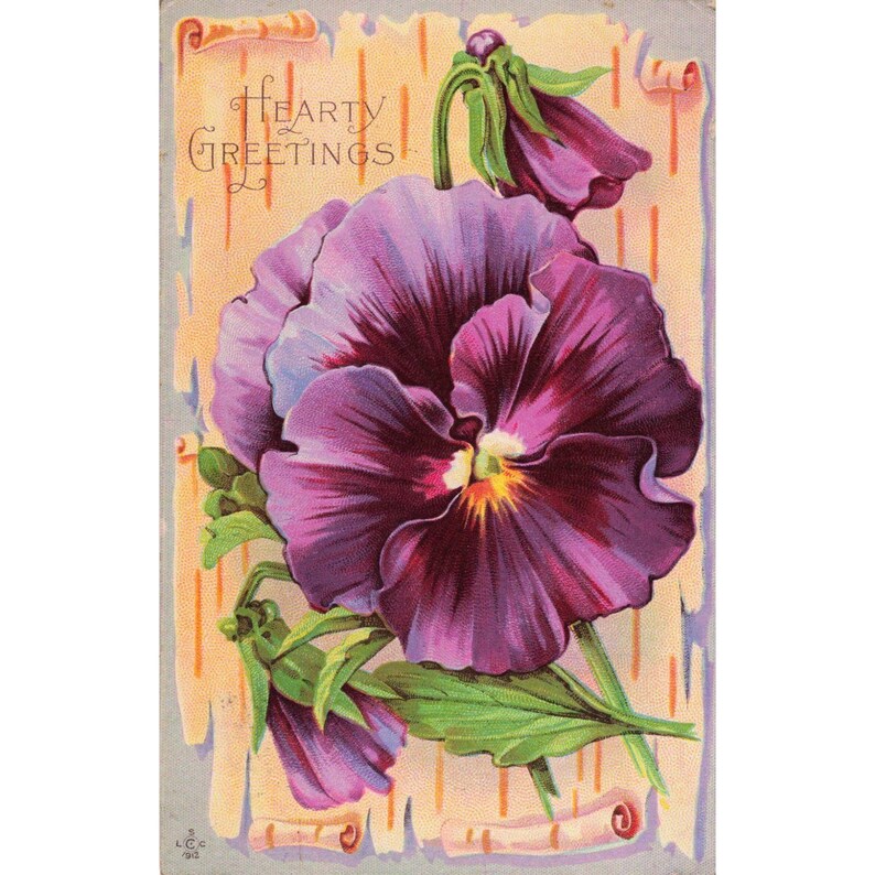 Vintage-Grußkarte „Herzliche Grüße“ mit lila Stiefmütterchenmotiv, 1912, LCC-Serie 258, Blumenlithografie Bild 1