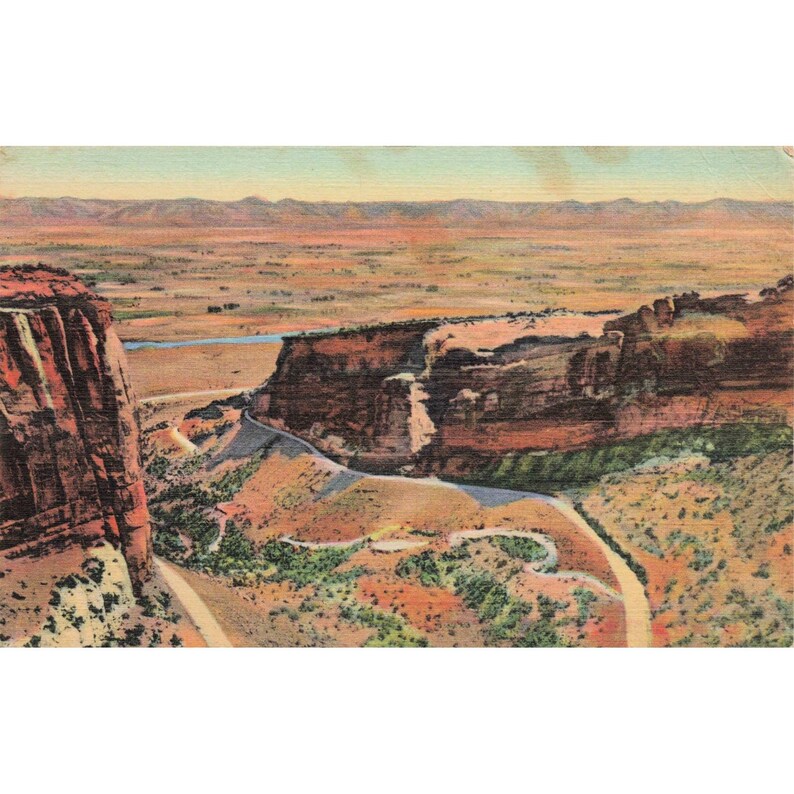Colorado National Monument Linen Postcard 1944 Fruita Canon Rim Drive Sanborn image 1