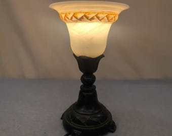 Vintage stijl bronzen metalen accentlamp matglazen kap amberkleurige rand 13 inch