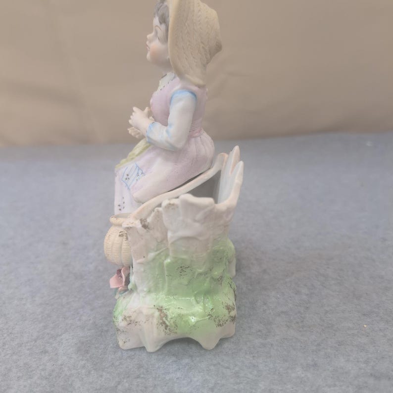 Vintage Porcelain Figurine Girl with Straw Hat Planter Flower Pot Holder 1194 image 2