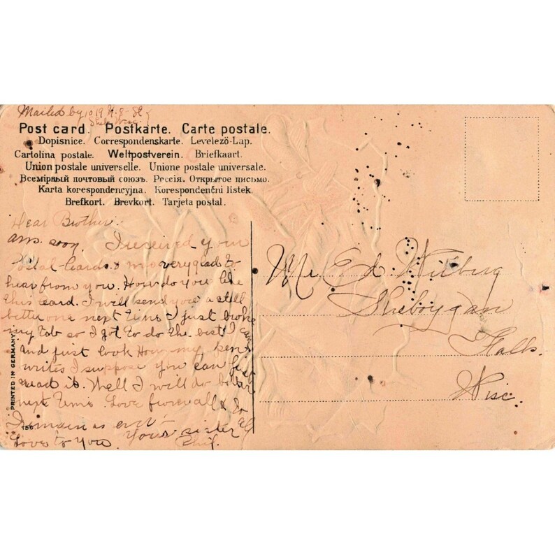Carte postale ancienne de 1908, rose à paillettes, gaufrée, Allemagne, verso divisé image 2