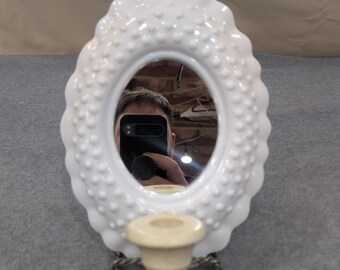 White Hobnail Oval Vanity Mirror With Candle Holder Sconce Wall Mount