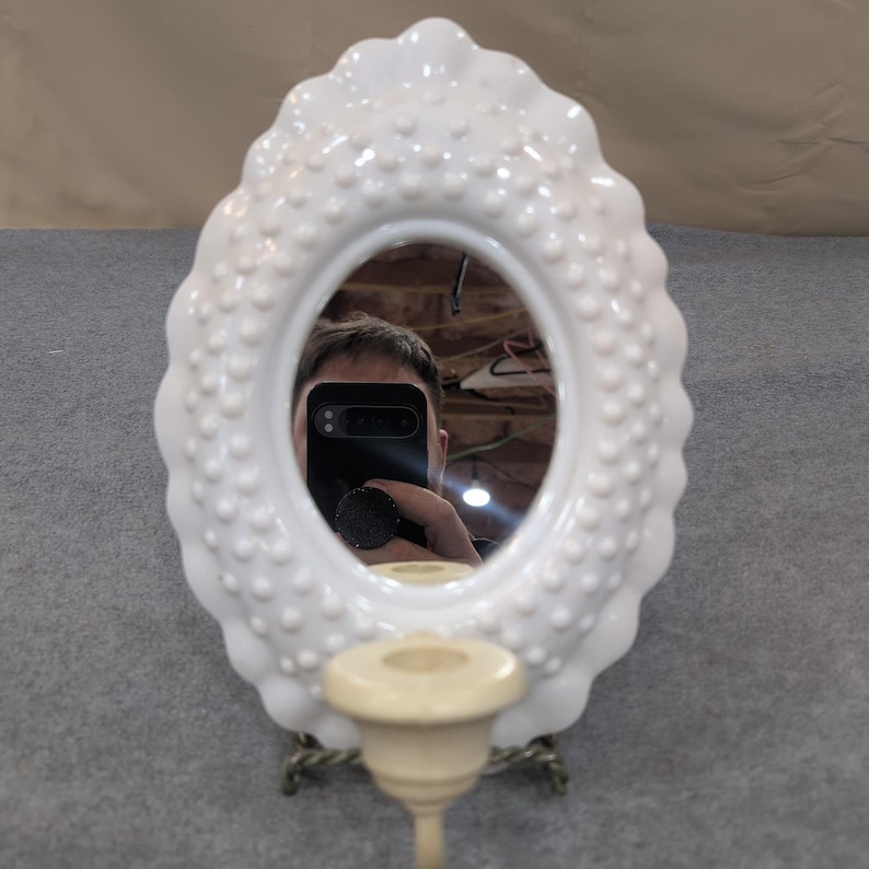 White Hobnail Oval Vanity Mirror With Candle Holder Sconce Wall Mount image 1