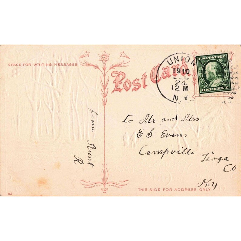 Postal navideña antigua de H. Wessler de 1910 con relieve de escena invernal y sello de Union, Nueva York. imagen 2