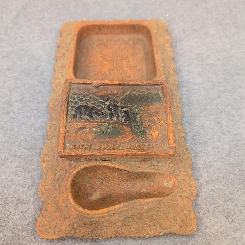 c. 1930's Vintage Great Smoky Mountains Bear Ashtray, Pipe Holder, Cigarette Box image 1