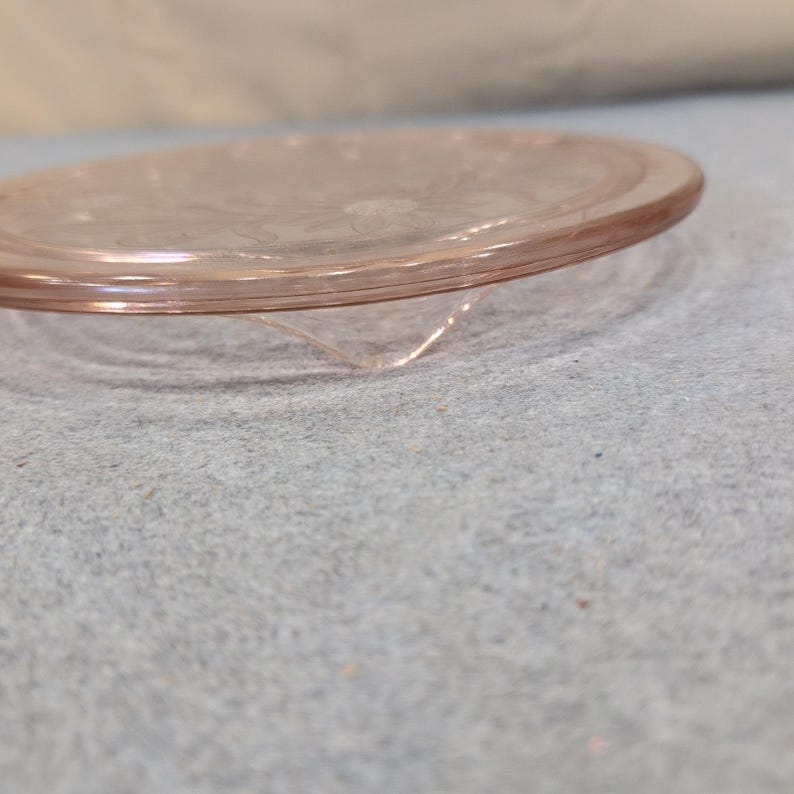 Jeannette Sunflower Pink Depression Glass 3 Footed Cake Plate Vintage 1930s image 2