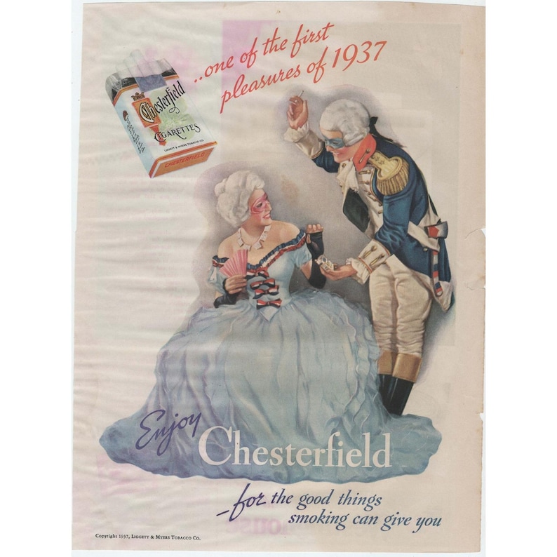 1937 Chesterfield Cigarettes Vintage Print Ad Colonial Masquerade Ball Theme image 1