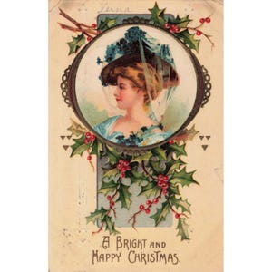 アンティーク 1910年 クリスマス ポストカード エンボス加工 女性の肖像画 ヒイラギの実 1052 VG- 画像 1