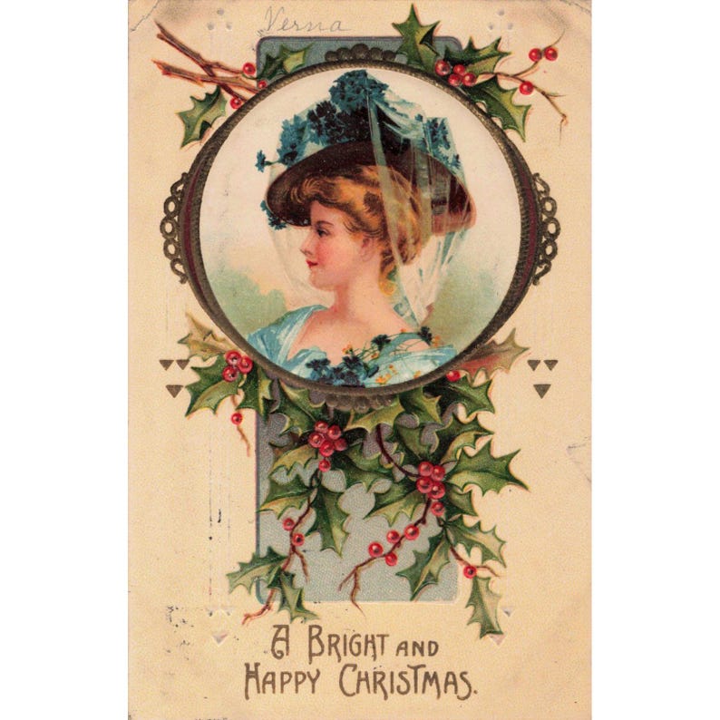 アンティーク 1910年 クリスマス ポストカード エンボス加工 女性の肖像画 ヒイラギの実 1052 VG- 画像 1