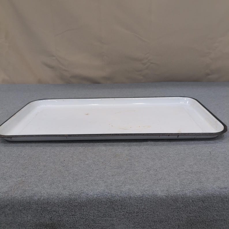 Vintage White Enameled Medical Sterilizing Tray Black Rim Industrial 21" × 11" image 5