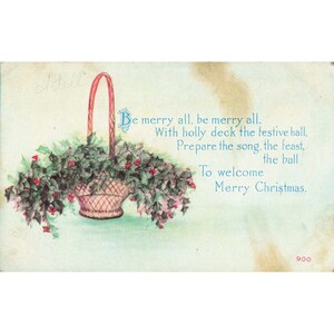 Vintage 1912 Christmas Postcard Holly Basket Poem F.A. Owen Co Union NY 900 image 1