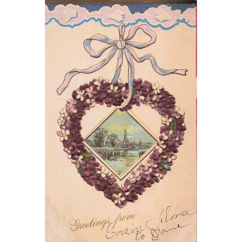 Vintage Embossed Postcard Heart Lilac Wreath Scenic Landscape Flora to Jane image 1