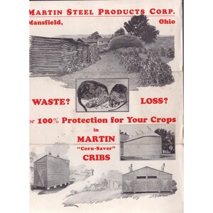 Folleto publicitario antiguo de Martin Steel Products Corp. sobre los crisoles Corn-Saver en Ohio. imagen 1