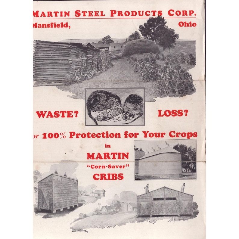 Folleto publicitario antiguo de Martin Steel Products Corp. sobre los crisoles Corn-Saver en Ohio. imagen 1