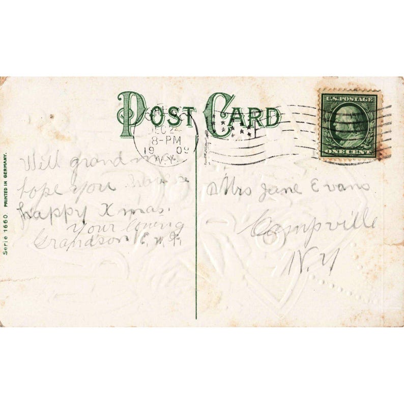 Cartolina antica del 1909 "Alla mia cara nonna" con decorazioni floreali e rose, Germania, ottime condizioni. immagine 2