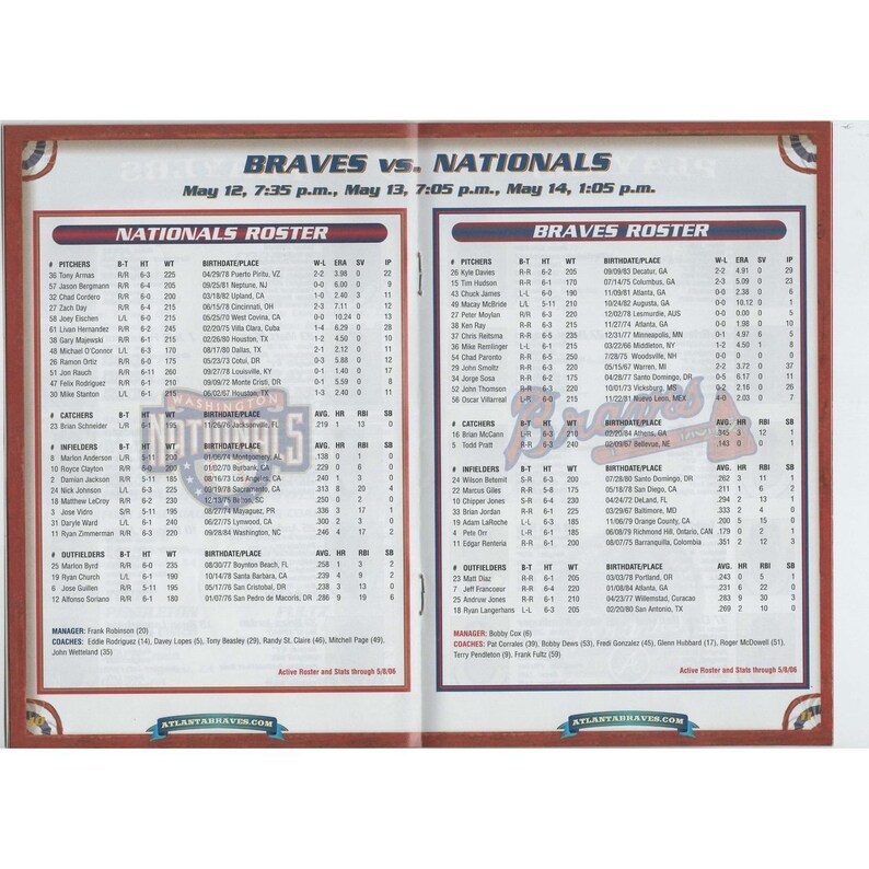 2006 Atlanta Braves vs Washington Nationals Game Program Bobby Cox May 12-14 image 4