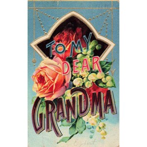 Cartolina antica del 1909 "Alla mia cara nonna" con decorazioni floreali e rose, Germania, ottime condizioni. immagine 1