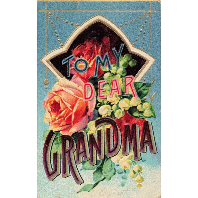 Cartolina antica del 1909 "Alla mia cara nonna" con decorazioni floreali e rose, Germania, ottime condizioni. immagine 1
