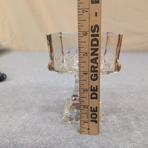 Vintage Clear Pressed Glass Square Pedestal Dish Gold Trim Thumbprint Pattern image 5