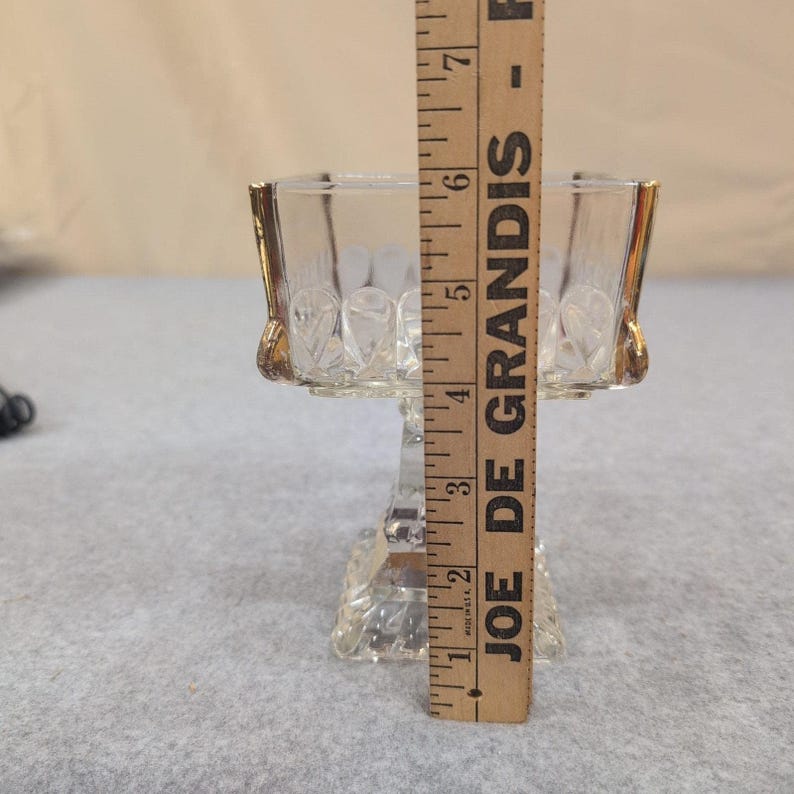 Vintage Clear Pressed Glass Square Pedestal Dish Gold Trim Thumbprint Pattern image 5