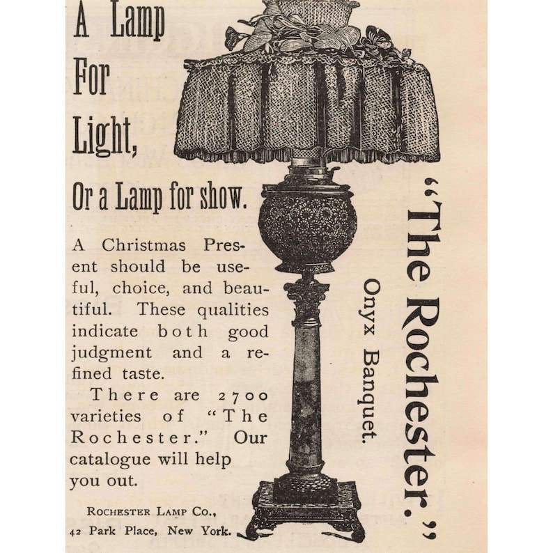 1891 Vintage Rochester Lamp Onyx Banquet Style Ornate Table Lamp Print Ad image 1