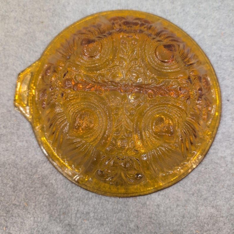 Vintage Amber Glass Divided Relish Dish Peacock Eye Pattern Tab Handle Serving image 7