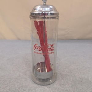 Coca-Cola Glass Straw Dispenser Chrome Lid Vintage Soda Fountain Style image 1