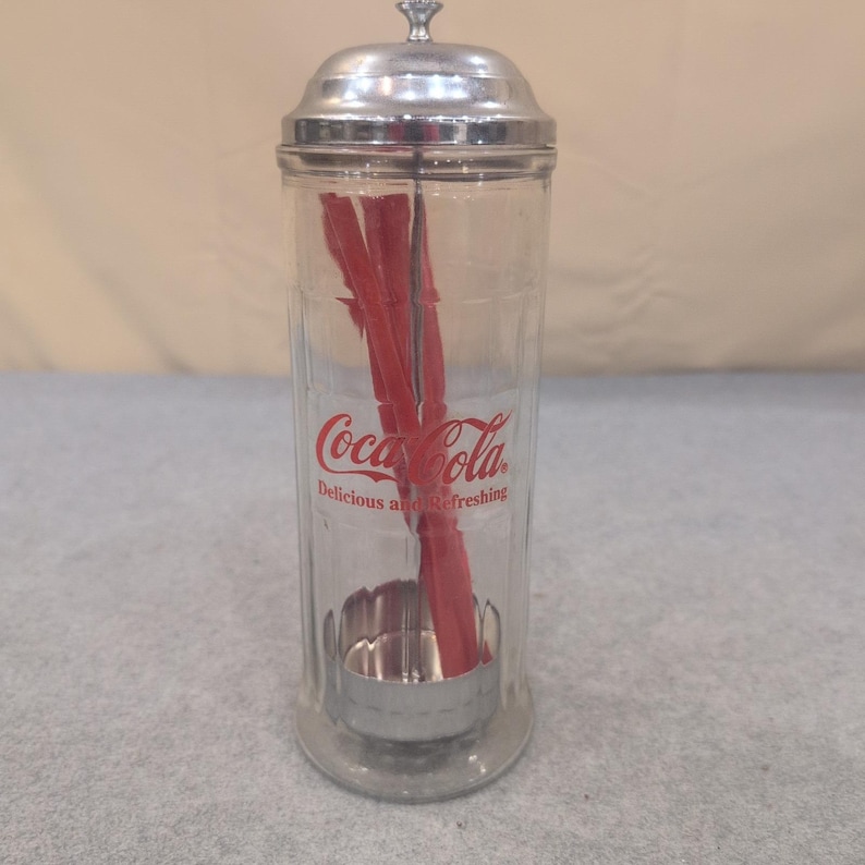 Coca-Cola Glass Straw Dispenser Chrome Lid Vintage Soda Fountain Style image 1