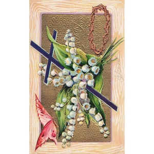 Antique Embossed Easter Postcard Cross Lily of the Valley Series 6 Butterfly VG image 1