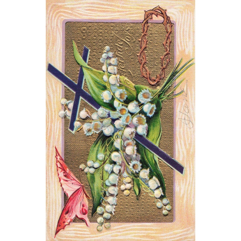 Antique Embossed Easter Postcard Cross Lily of the Valley Series 6 Butterfly VG image 1