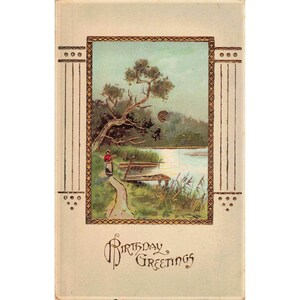 Antique 1914 Birthday Greetings Postcard Embossed Lake Landscape Germany Printed image 1
