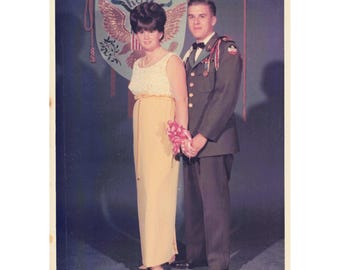 1960s ROTC Military Formal Couple Color Photo Dress Uniform Beehive Prom