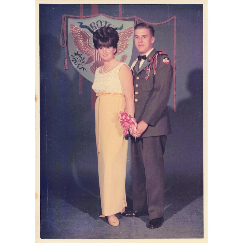 1960s ROTC Military Formal Couple Color Photo Dress Uniform Beehive Prom image 1