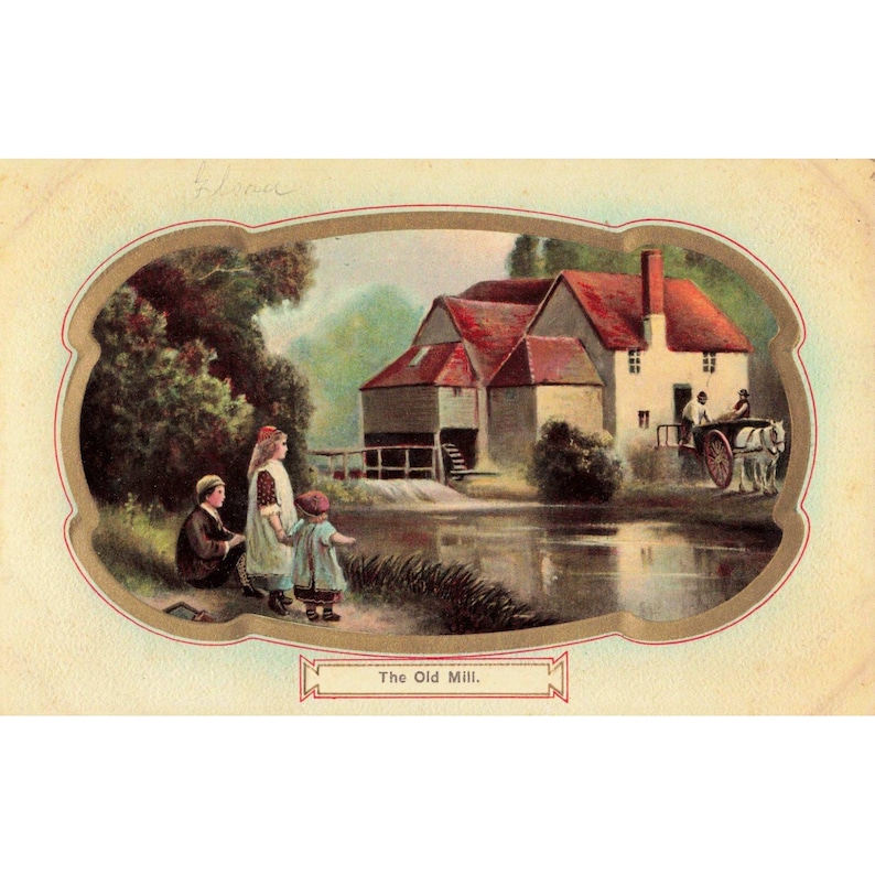 Antique Postcard The Old Mill Serie 3500 Made in Saxony Children Horse Cart VG image 1