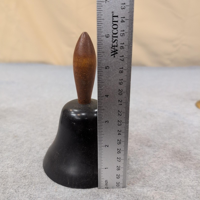 Vintage Metal School Hand Bell Cherrywood Handle - Desk Service Dinner - LOUD! image 3
