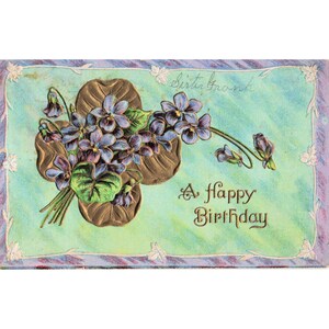 Vtg 1910 Embossed Birthday Postcard Purple Violets Gold Leaves Lestershire NY image 1