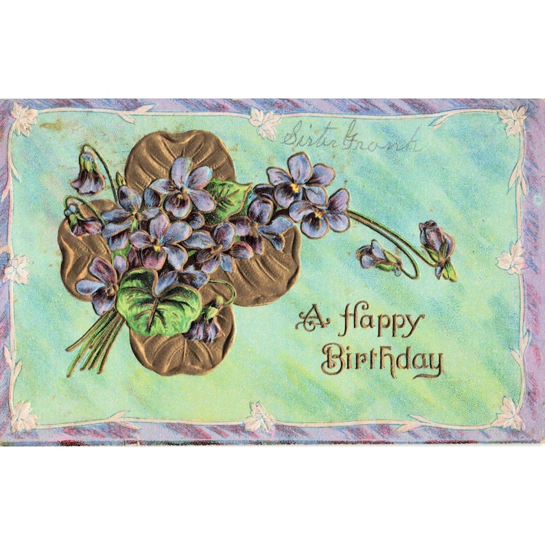 Vtg 1910 Embossed Birthday Postcard Purple Violets Gold Leaves Lestershire NY image 1