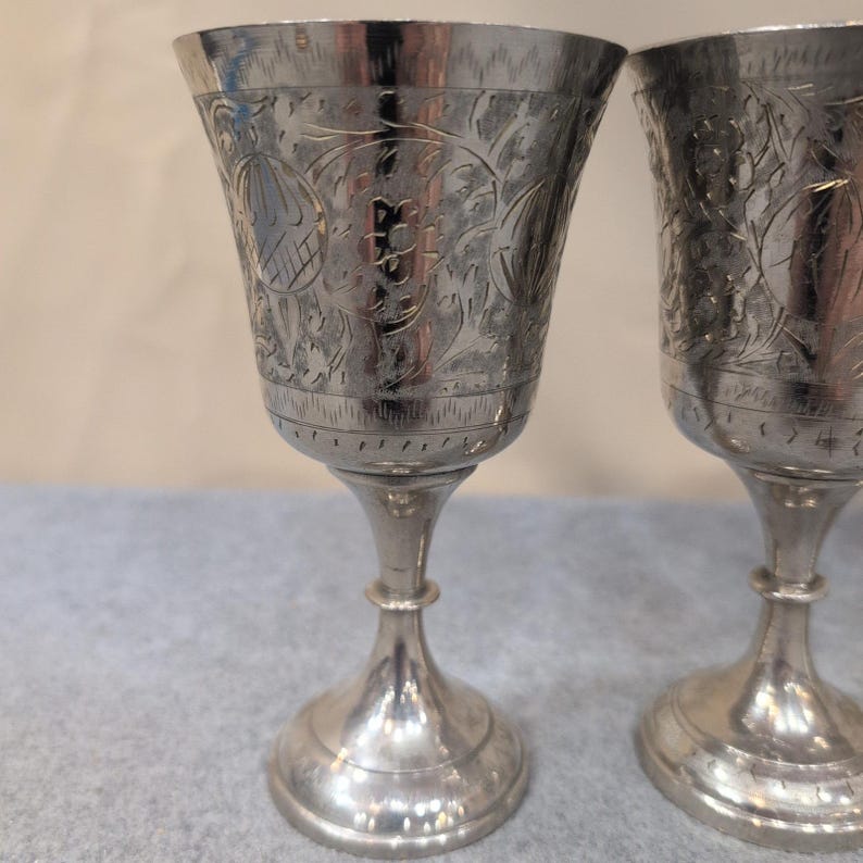 World Gift India Silver Tone Etched Floral Goblets Chalice Set of 6 NA306 image 2