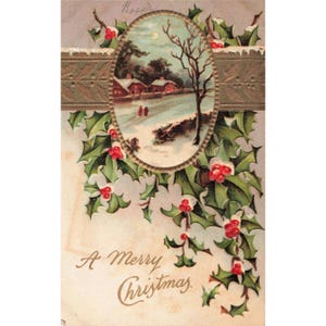 Vintage Embossed Christmas Postcard Winter Landscape Holly Berries Germany 902 image 1