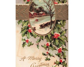 Cartão-postal vintage de Natal em relevo, paisagem de inverno com azevinho, Alemanha 902