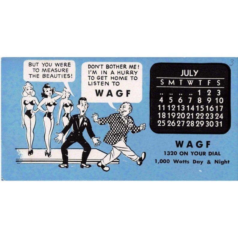 Papel secante publicitario antiguo WAGF 1320 Radio Calendario de julio Pinup Comic imagen 1