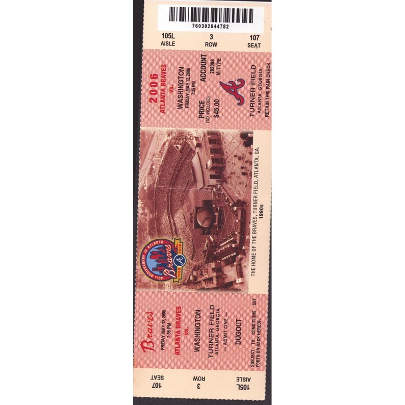 Atlanta Braves vs Washington Nationals May 12 2006 Full Game Ticket Turner Field image 1