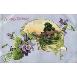 Vintage A Happy Birthday Embossed Postcard Violets Cottage Scene Germany JB Co image 1